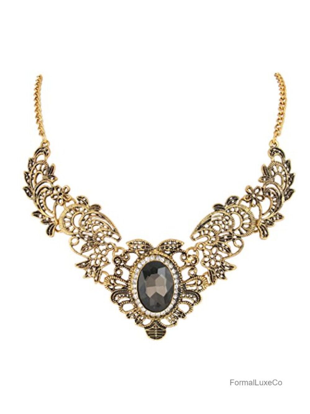 Vintage Inspired Crystal Floral Scroll Statement Necklace